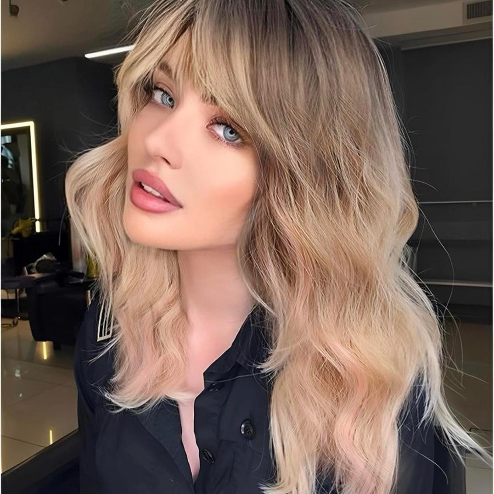 Human hair blend pink with blonde highlights wig